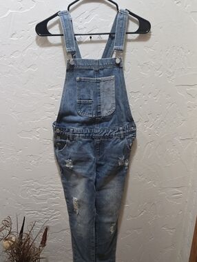 Chelsea & Violet Girls Distressed Blue Denim Overalls